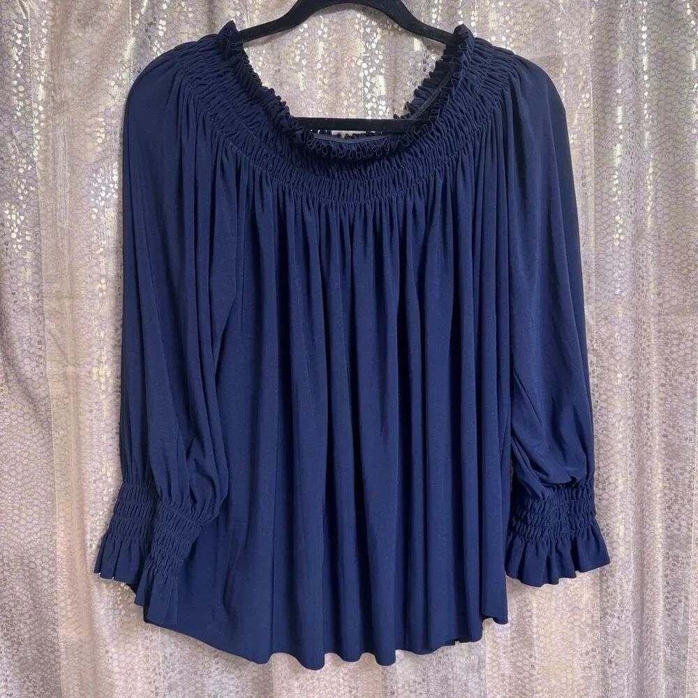 Norma Kamali Midnight Black Low Shoulder Peasant Smocked Top Large